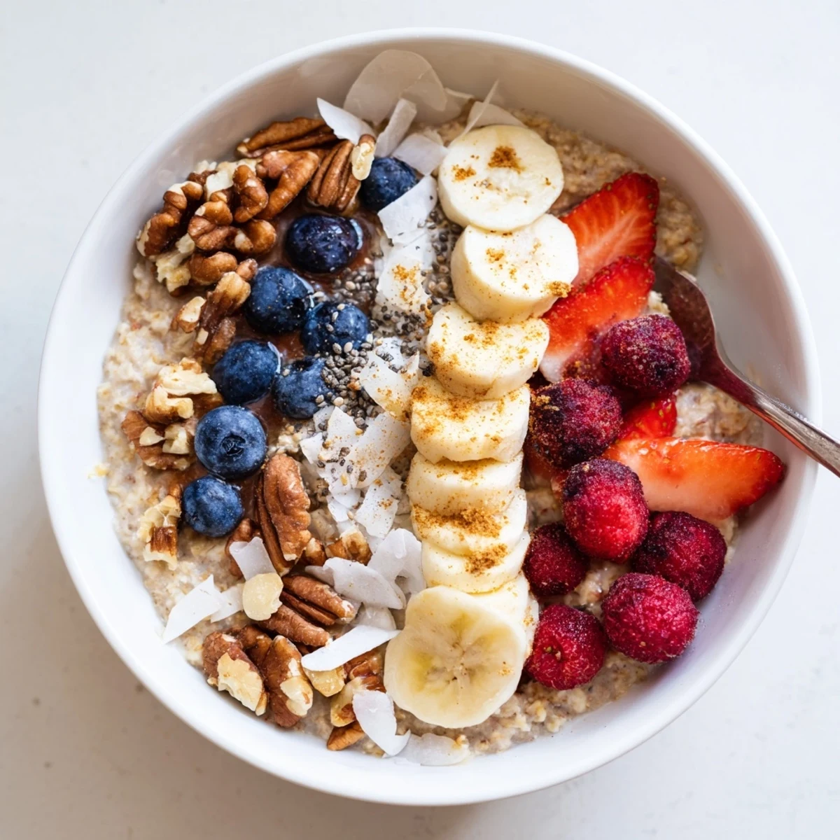 Une assiette généreuse de Creamy Breakfast Oats Bowl, garnie de fruits rouges frais et de tranches de banane dorées.