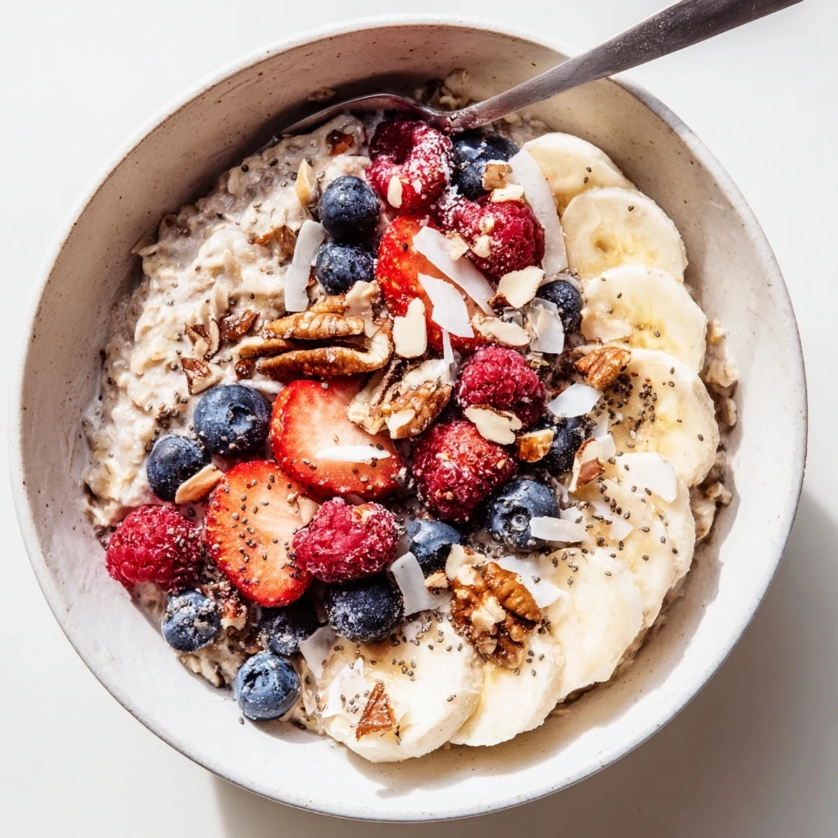 Une assiette colorée de Creamy Breakfast Oats Bowl, avec myrtilles, graines de chia et une touche de sirop d'érable.