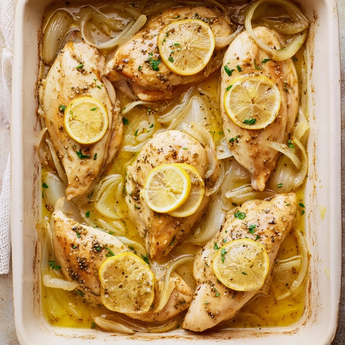 Fondues de citron sur un poulet tendre, sortant du four avec des herbes parfumées et une sauce légèrement dorée.