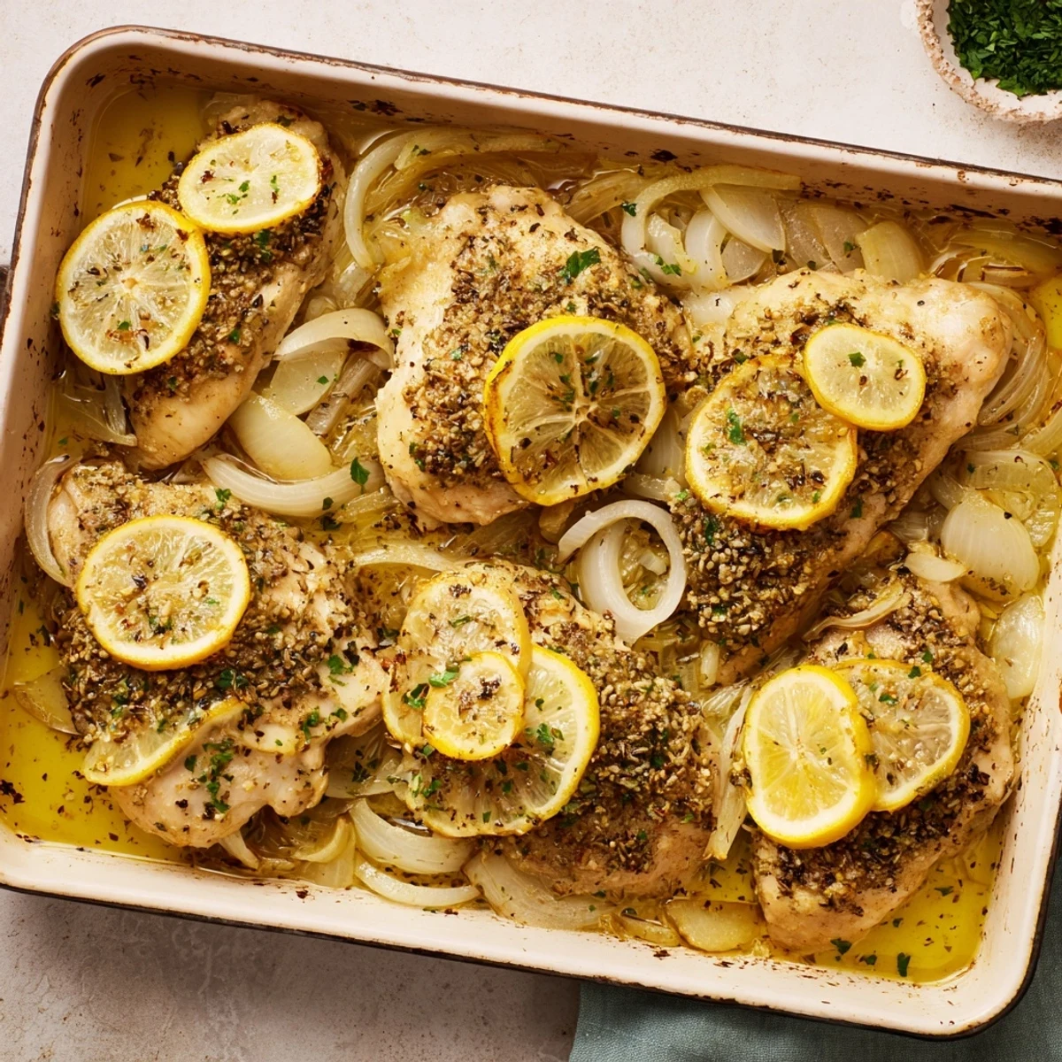 Un plat principal au poulet, cuit avec des tranches de citron, l'oignon et un bouquet de persil frais.