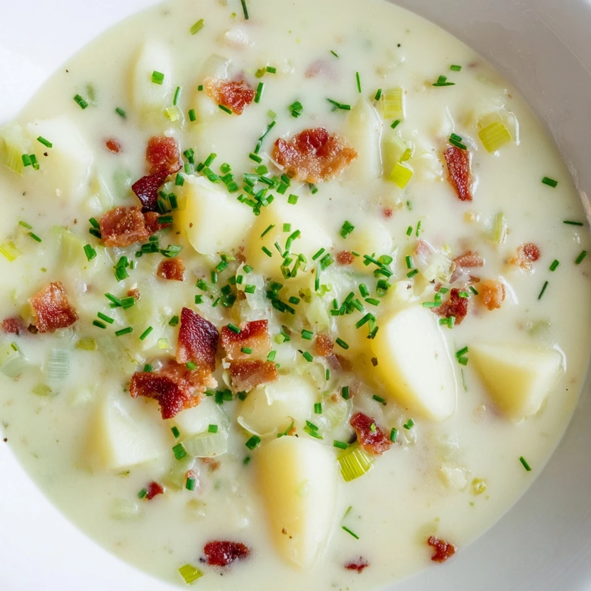 Une portion généreuse de soupe aux pommes de terre irlandaise fumante, avec un garniture de bacon et de fromage.  