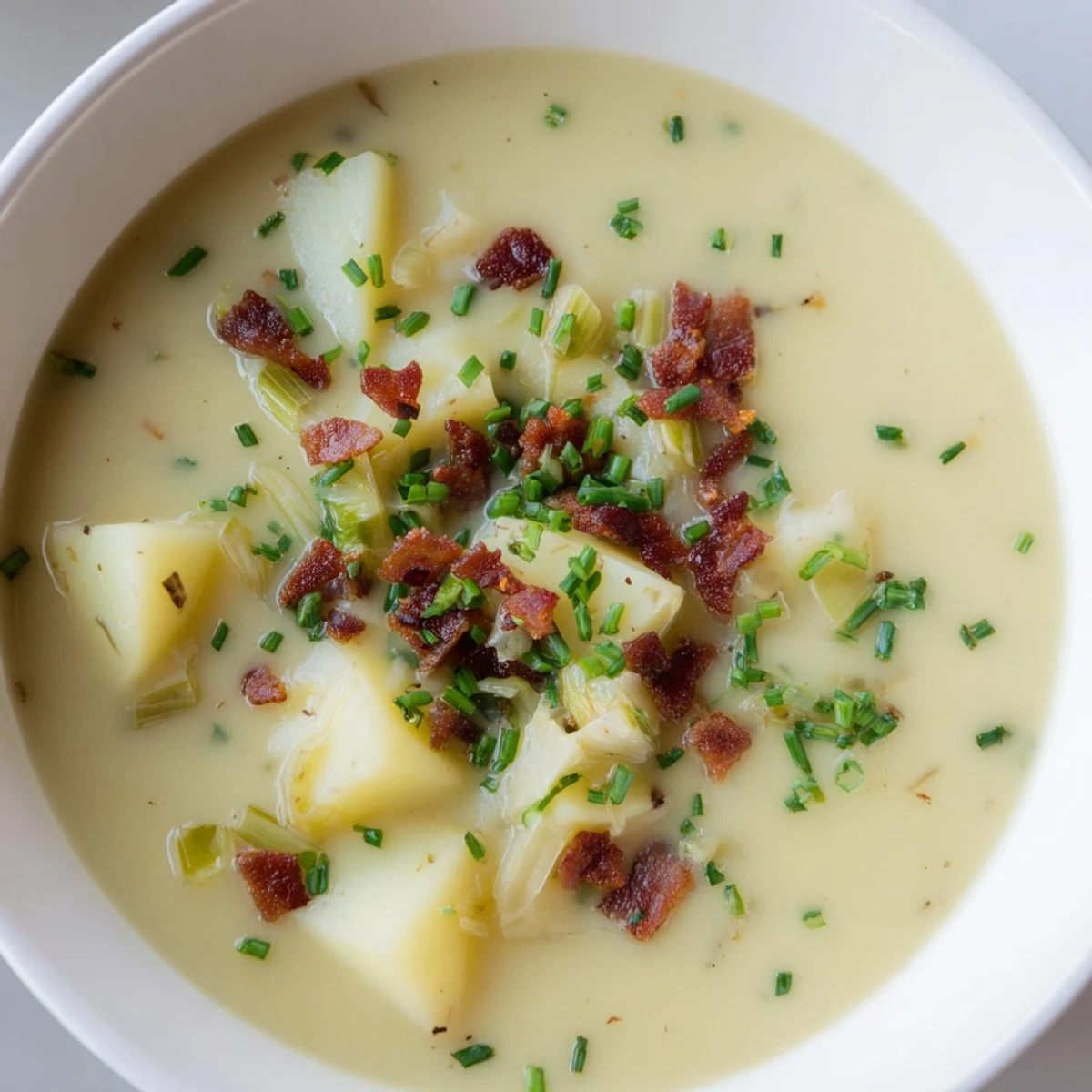 Une soupe aux pommes de terre irlandaise crémeuse, garnie de fines herbes fraîches et de tranches de pain grillé croustillantes.  