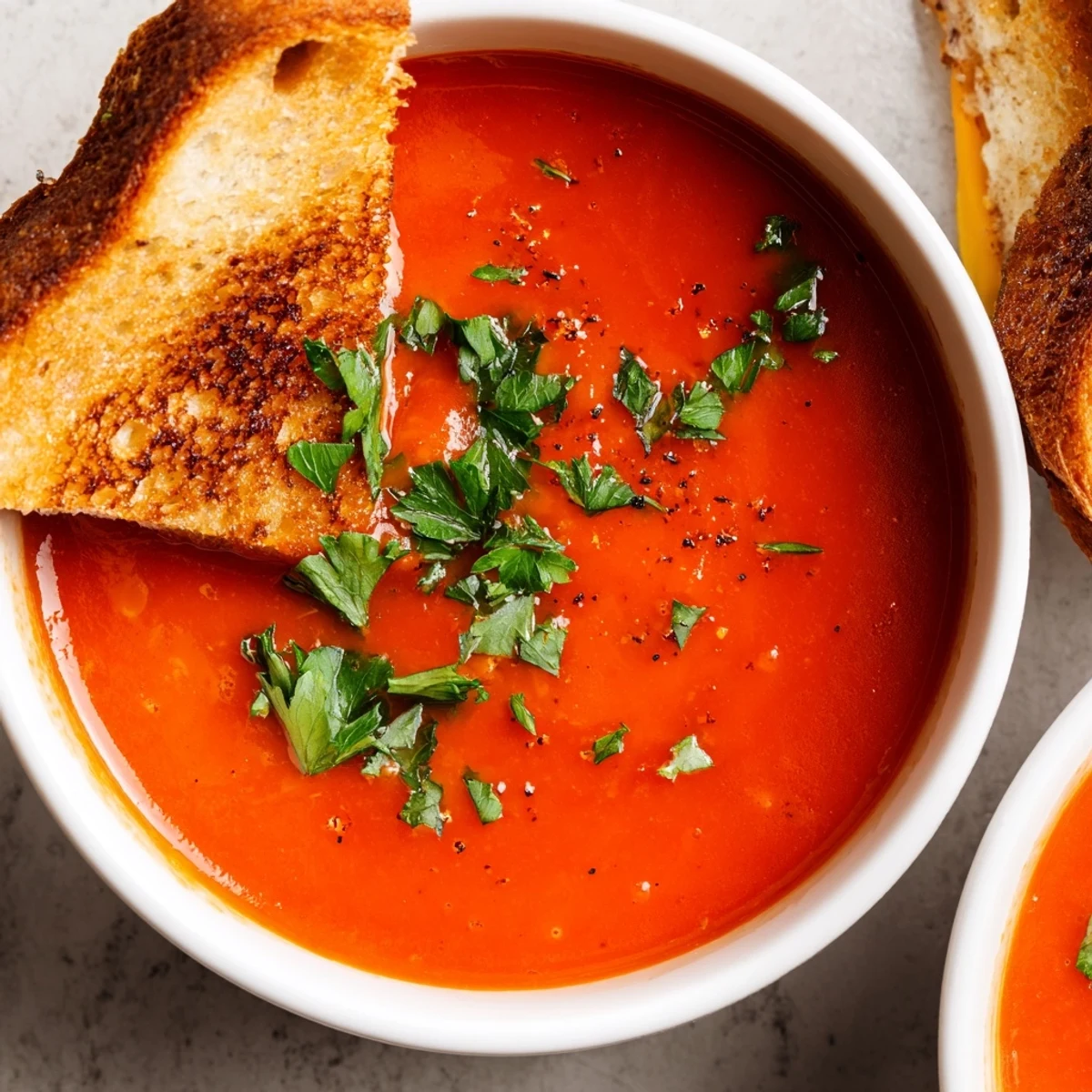 A bowl of vibrant Creole Tomato Soup garnished with fresh parsley, served beside crispy grilled cheese sandwiches.