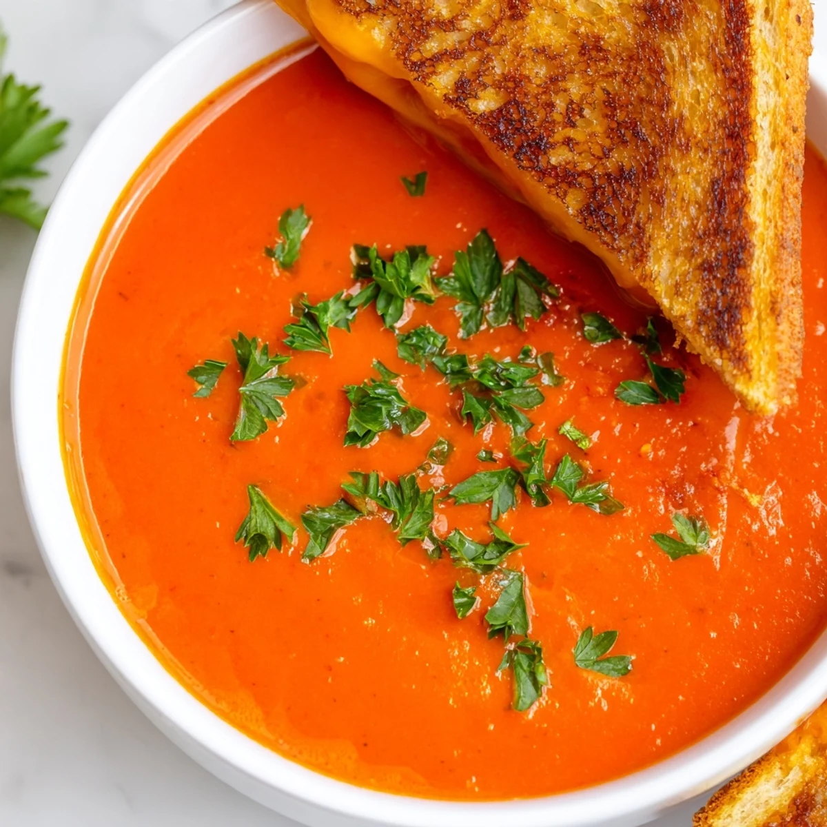 Rich Creole Tomato Soup swirl with cream, accompanied by perfectly browned grilled cheese quarters for dipping.
