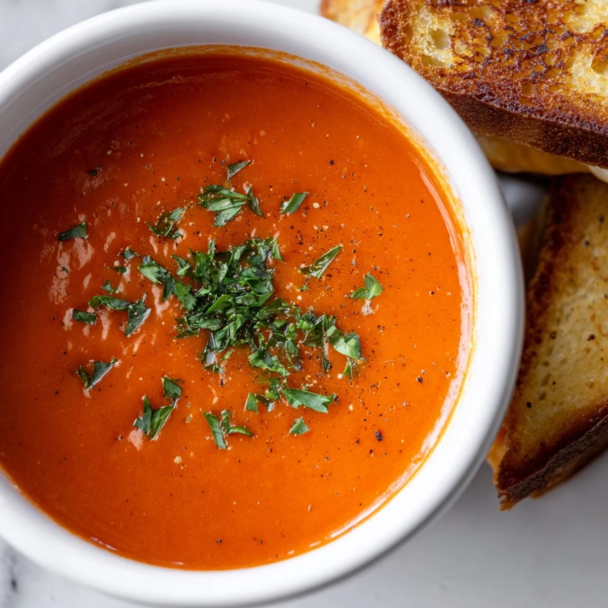 Steaming Creole Tomato Soup paired with golden, melty grilled cheese sandwiches on a rustic kitchen table.