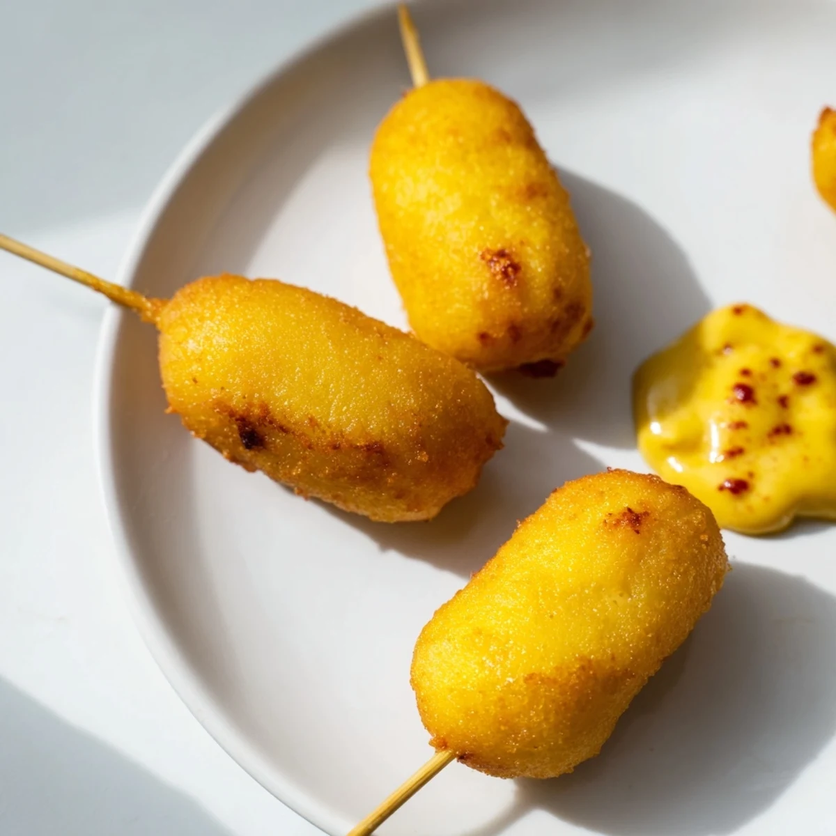 Golden-brown Super Bowl Mini Corn Dogs with mustard dipping sauce on a platter, ready for game day.