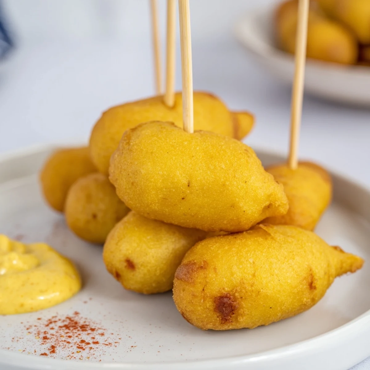 Crispy, bite-sized Super Bowl Mini Corn Dogs with tangy mustard, perfect for American football snacking.