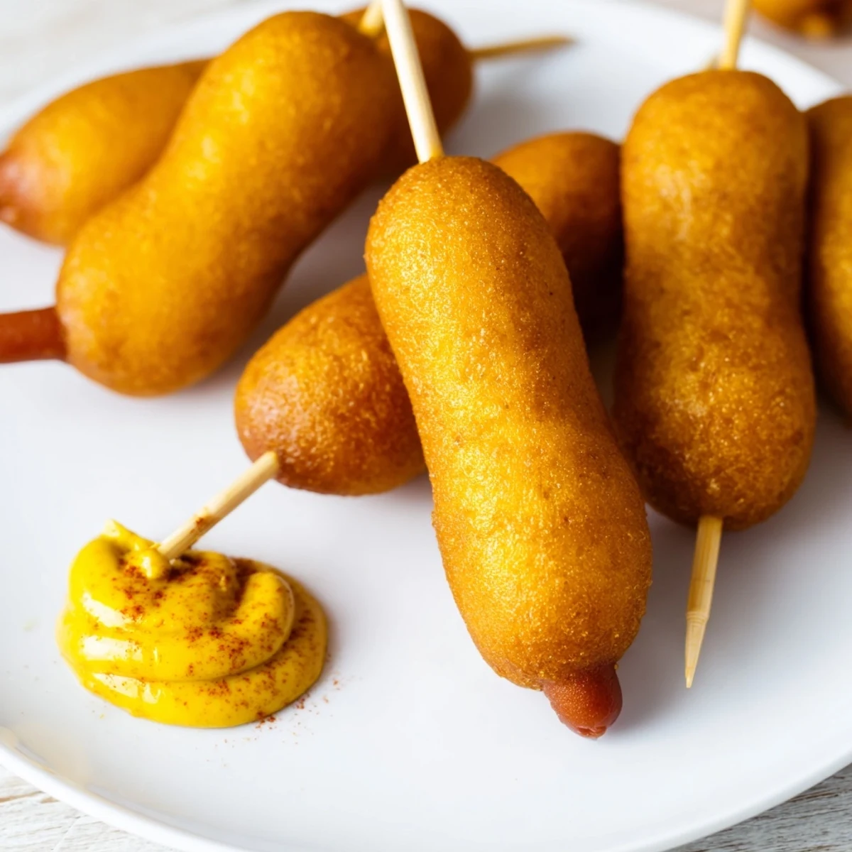 Close-up of golden Super Bowl Mini Corn Dogs, showcasing the crunchy batter and halal beef franks.
