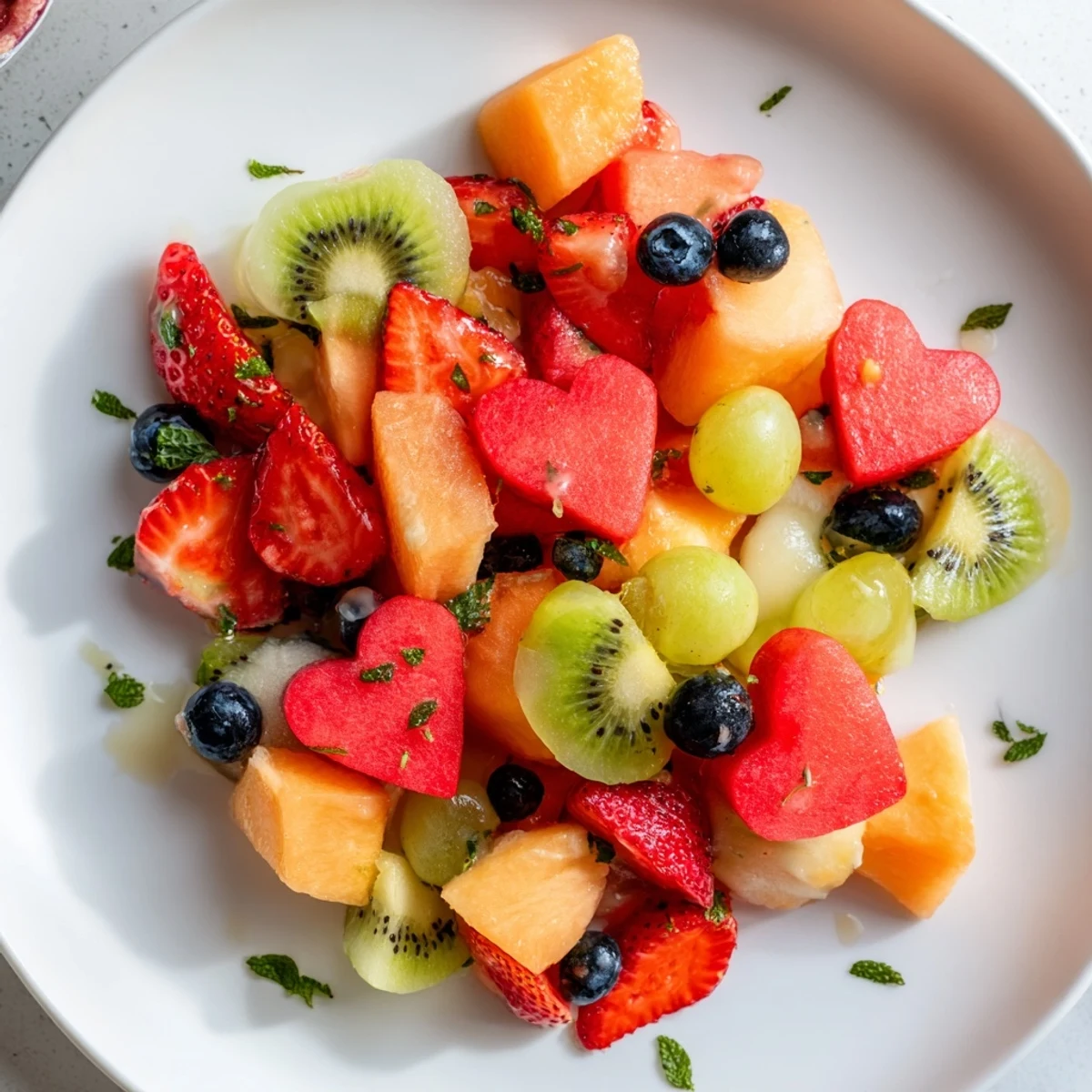 Salade de fruits en cœur au miel et citron vert, fraîche et juteuse, parfaite pour un dessert estival.