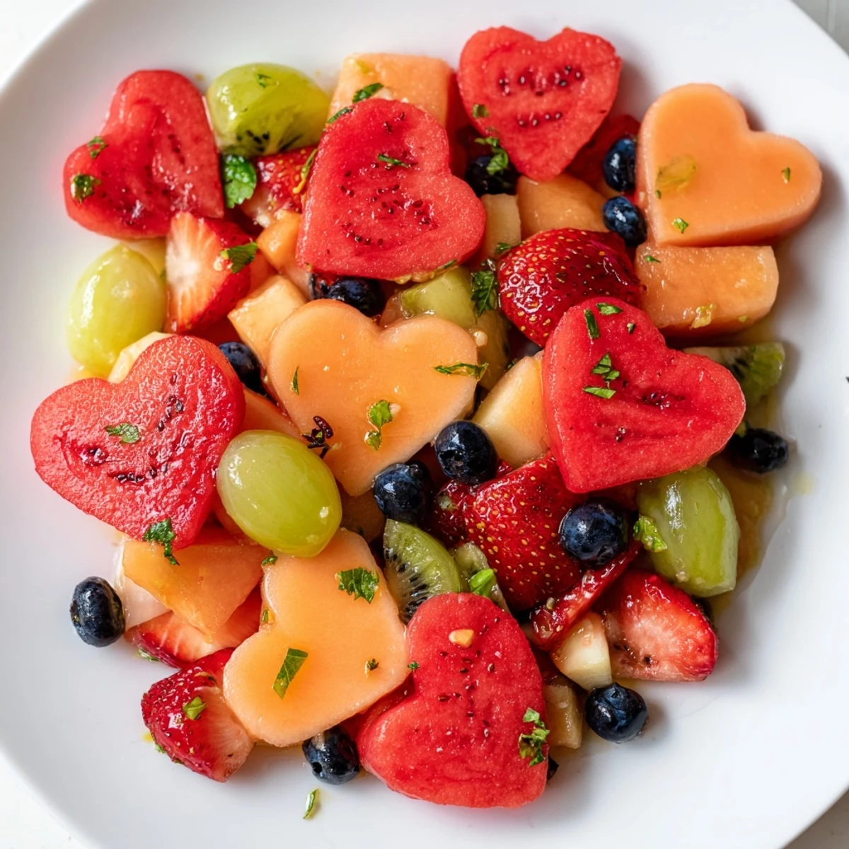 Salade de fruits en cœur au miel et citron vert, un assortiment coloré de melon, raisin et kiwi savoureux.