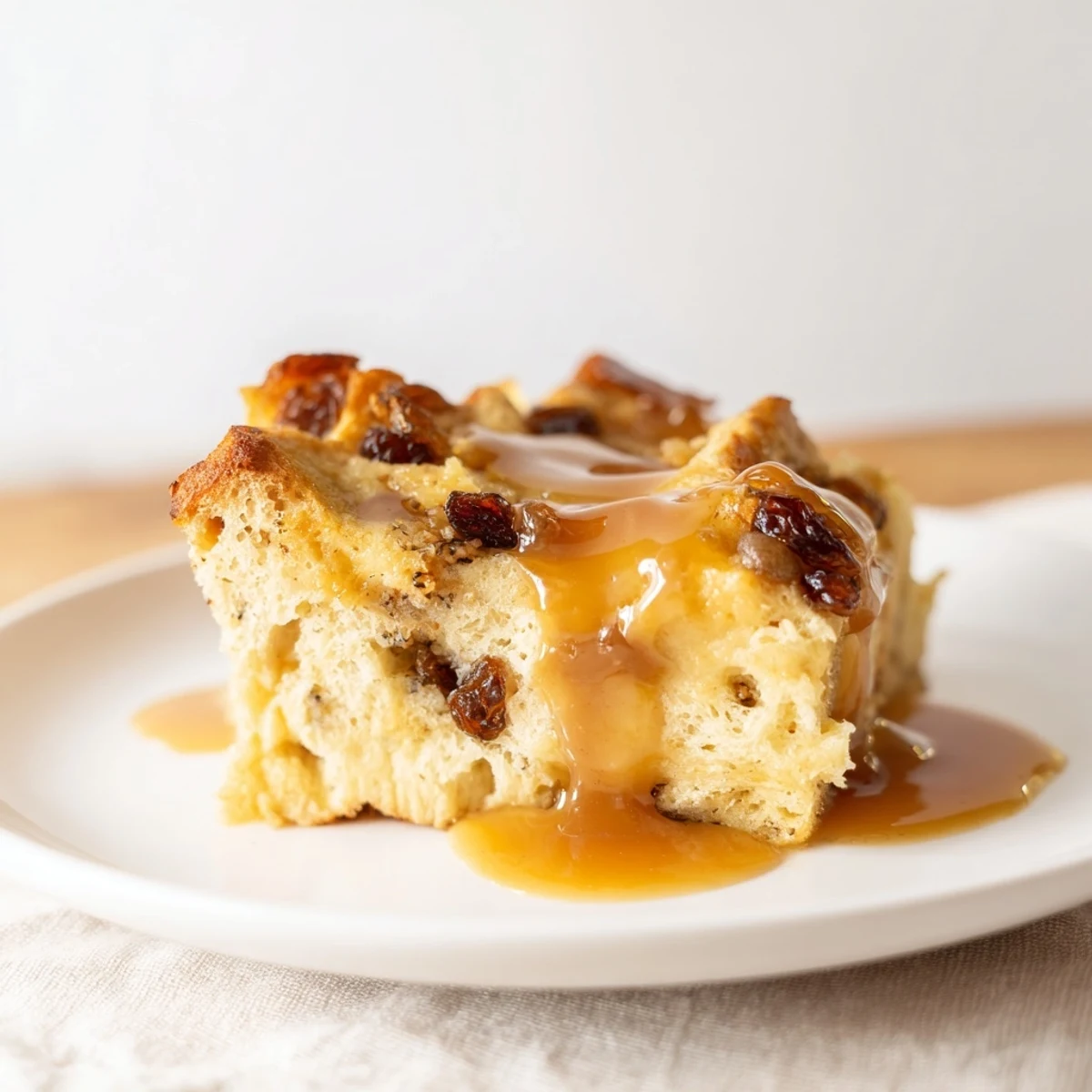 Un dessert du Sud avec un pudding au pain doré couvert d'un velouté de caramel fondant et des raisins secs.