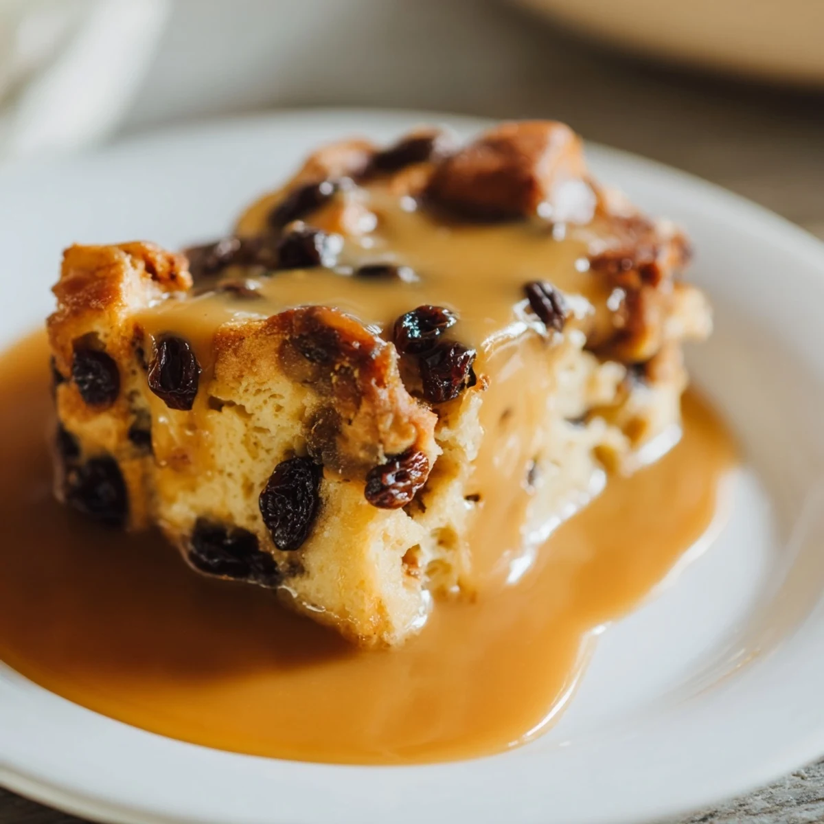Riche pudding au pain à la vanille et cannelle, avec une sauce caramel crémeuse versée sur une coupe généreuse.