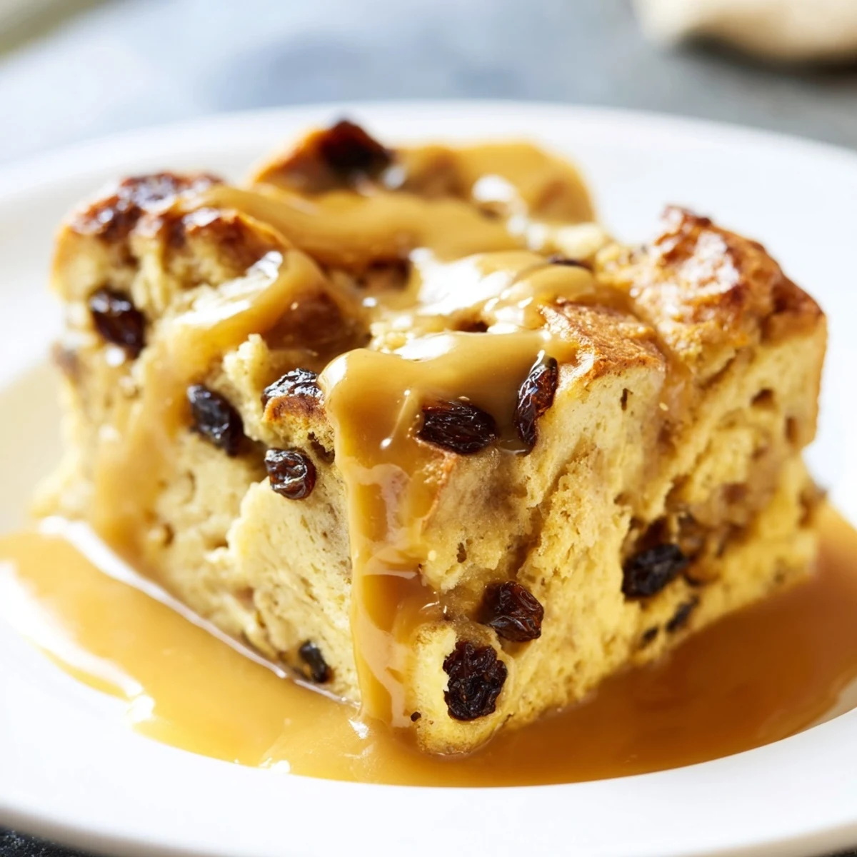 Délicieux pudding au pain de la Nouvelle-Orléans, servi tiède avec une lueur dorée et des raisins qui éclatent sous la cuillère.