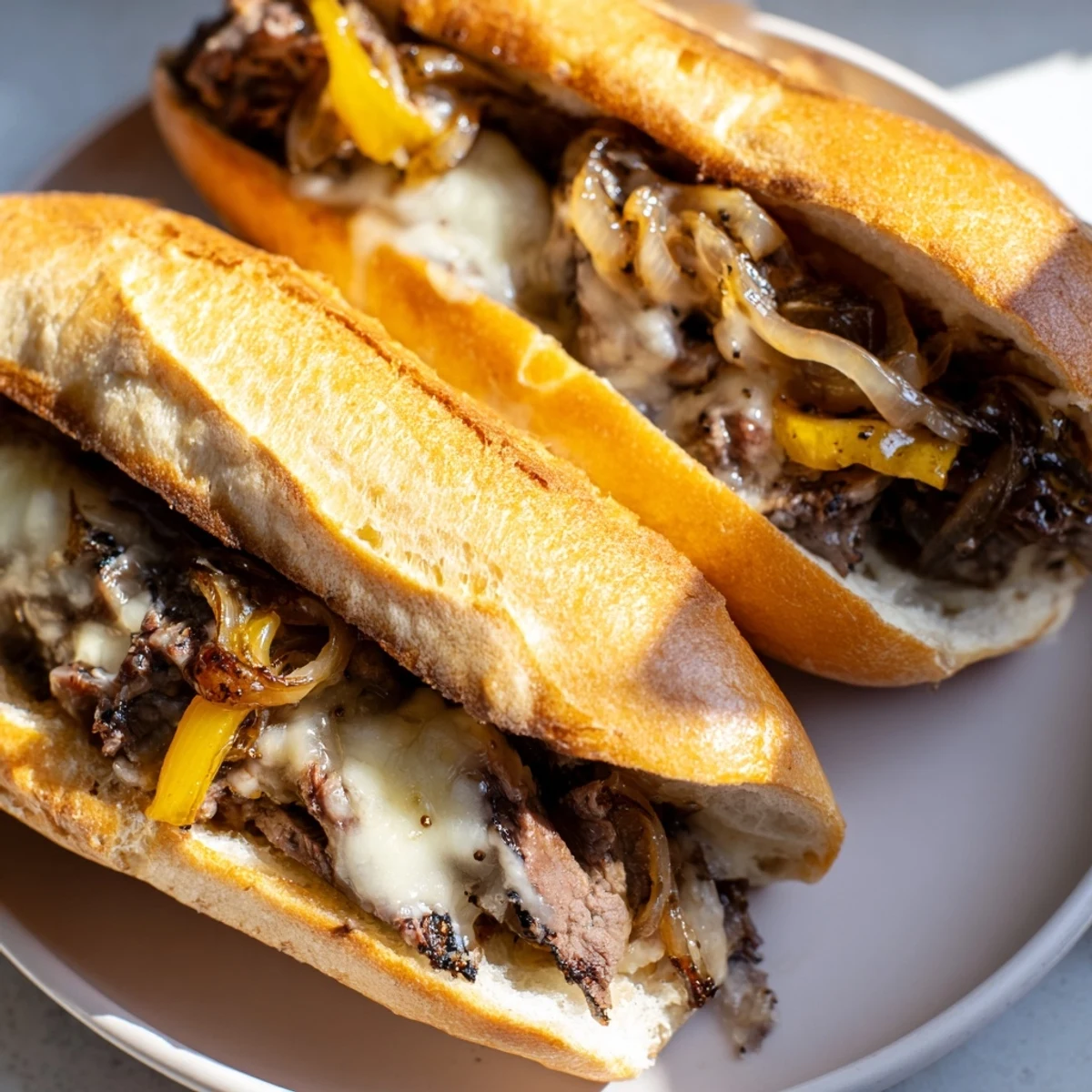 MVP Steak Sandwiches with Caramelized Onions served hot on a plate with melted provolone, arugula, and a drizzle of balsamic.