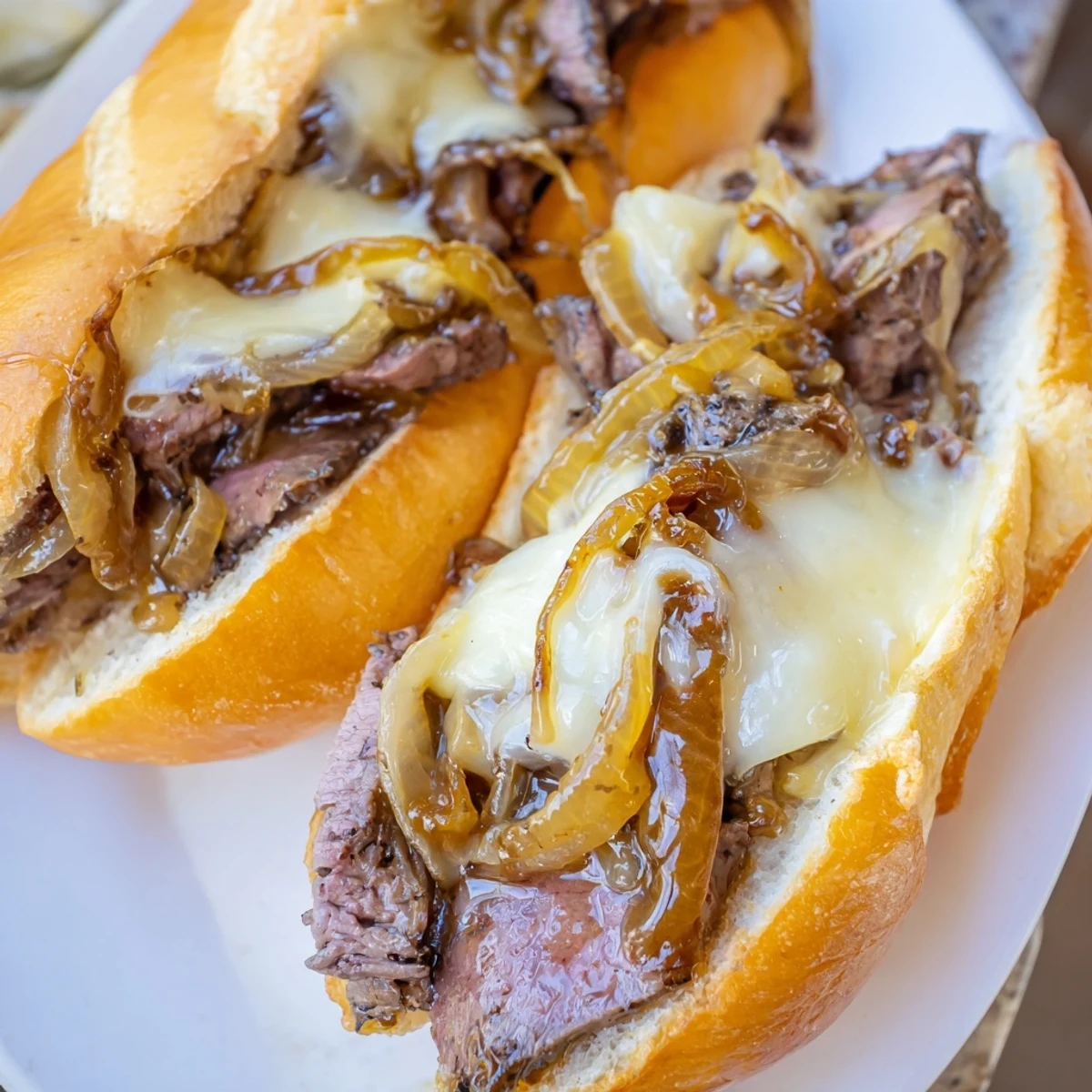Freshly toasted baguette holding juicy ribeye steak slices piled high with sweet golden caramelized onions and Swiss cheese.