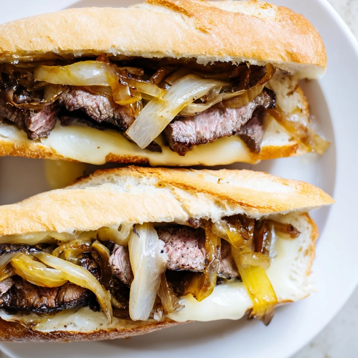 Classic American MVP Steak Sandwiches with Caramelized Onions ready to serve, topped with arugula alongside crispy fries.