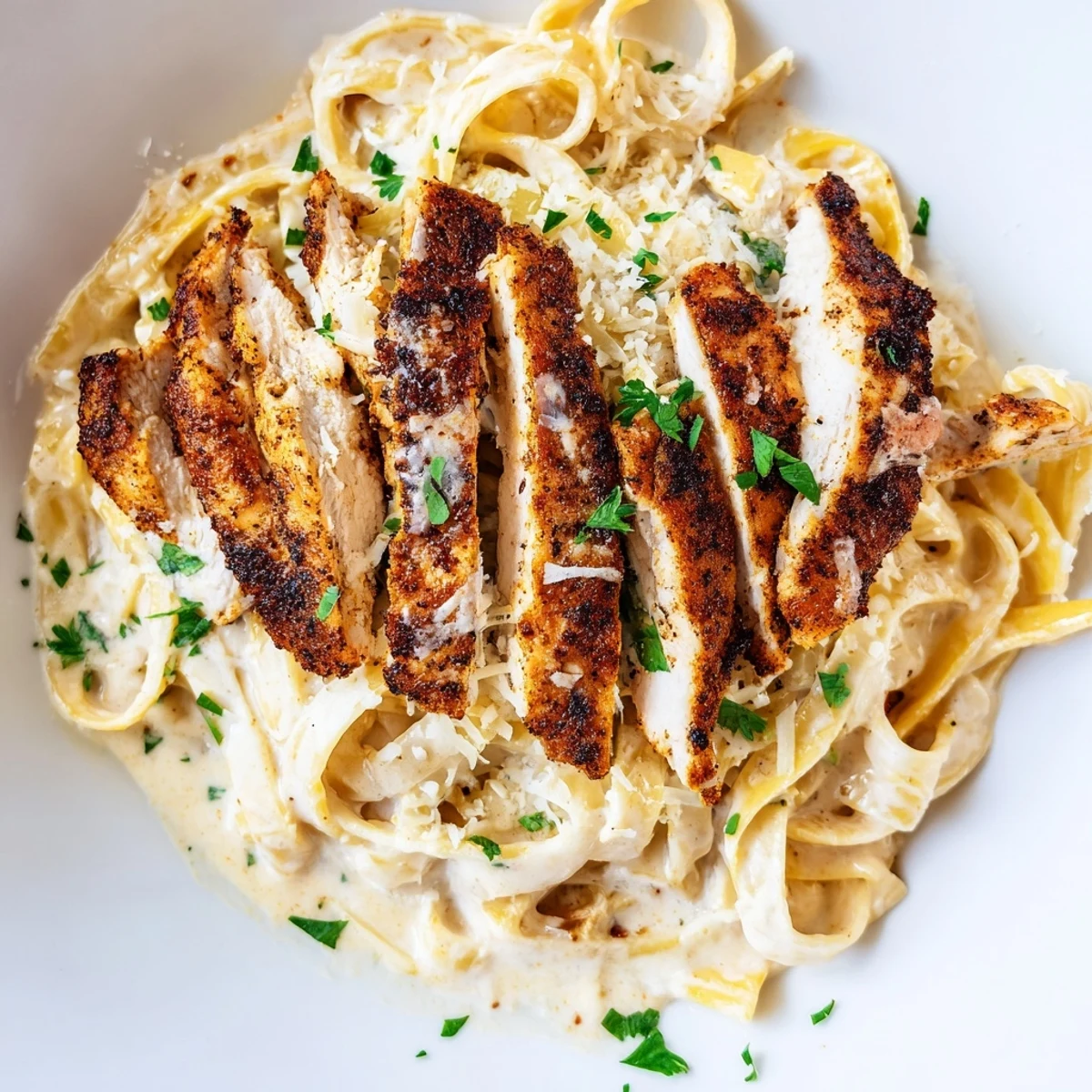 Planches de Cajun Blackened Chicken Alfredo présentant du poulet épicé et une sauce crémeuse sur des fettuccines.