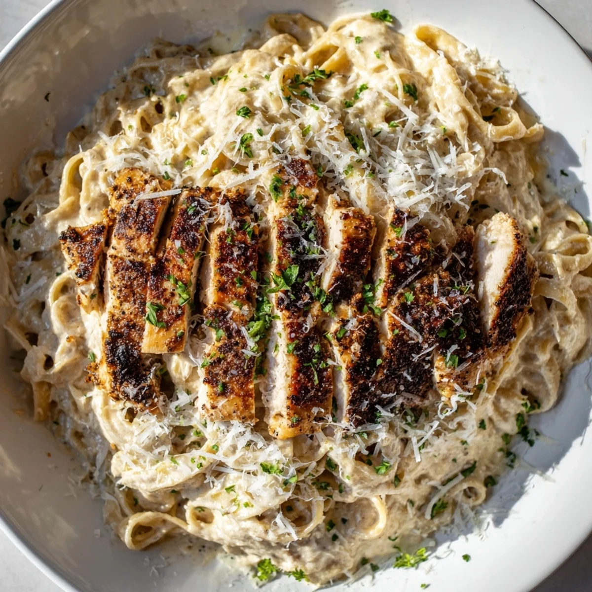 Un bol réconfortant de Cajun Blackened Chicken Alfredo avec du persil frais et du parmesan râpé.