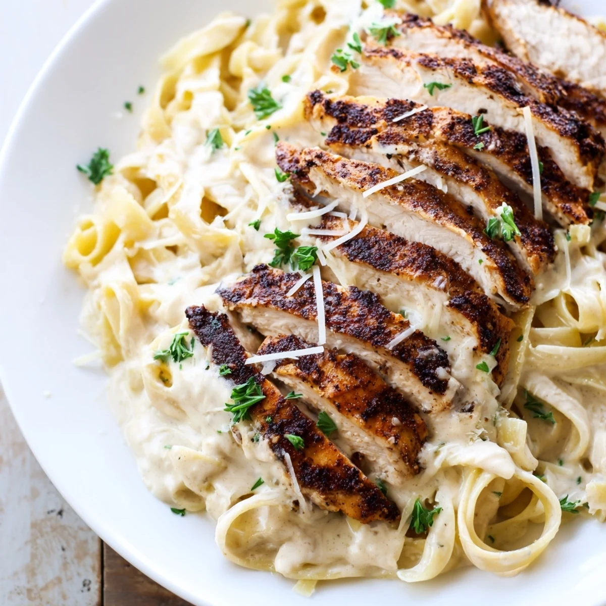 Assiette élégante de Cajun Blackened Chicken Alfredo avec des tranches de poulet noir sur des pâtes à la crème.