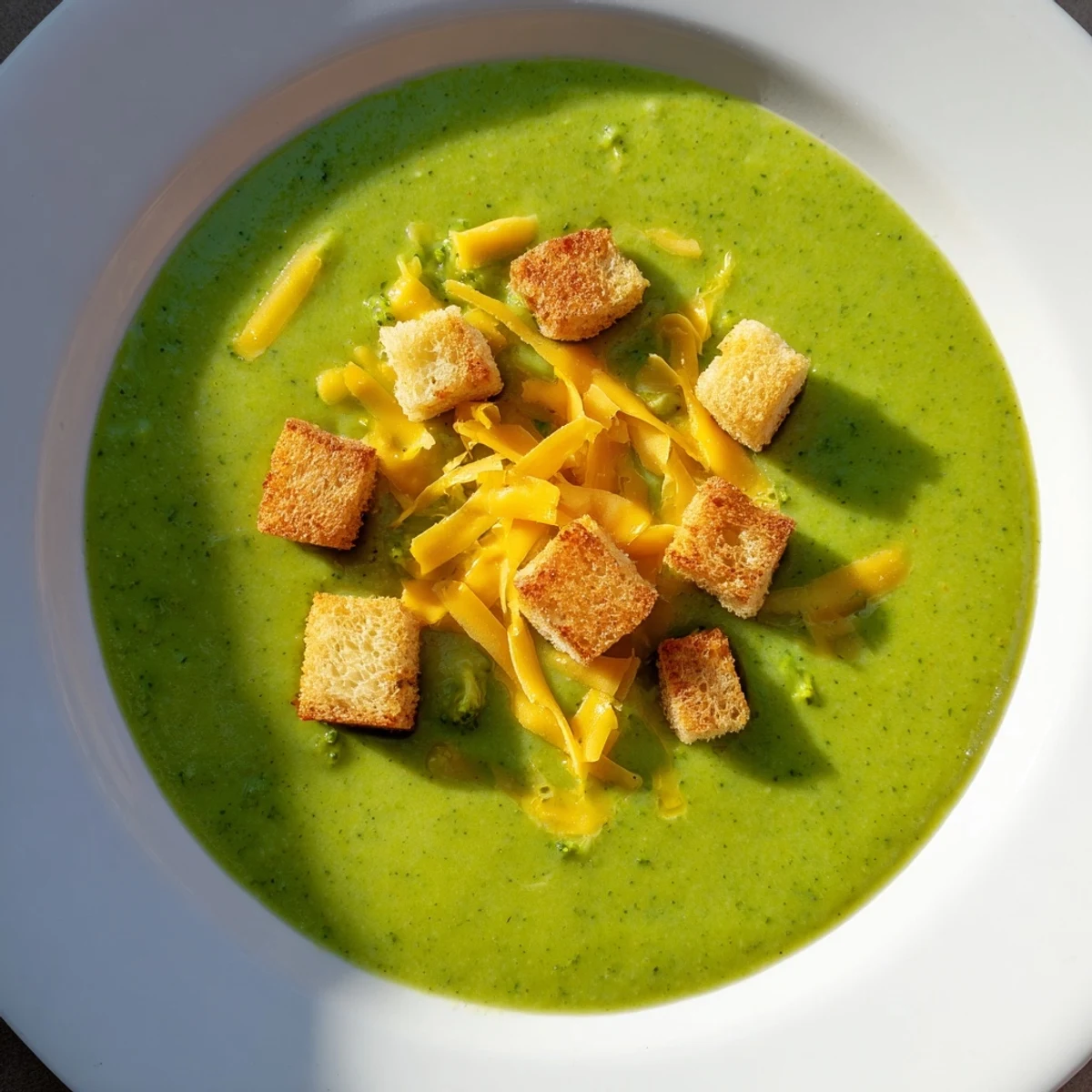 Une soupe vert vif au brocoli cheddar dans un bol, servie avec des croûtons maison croustillants.