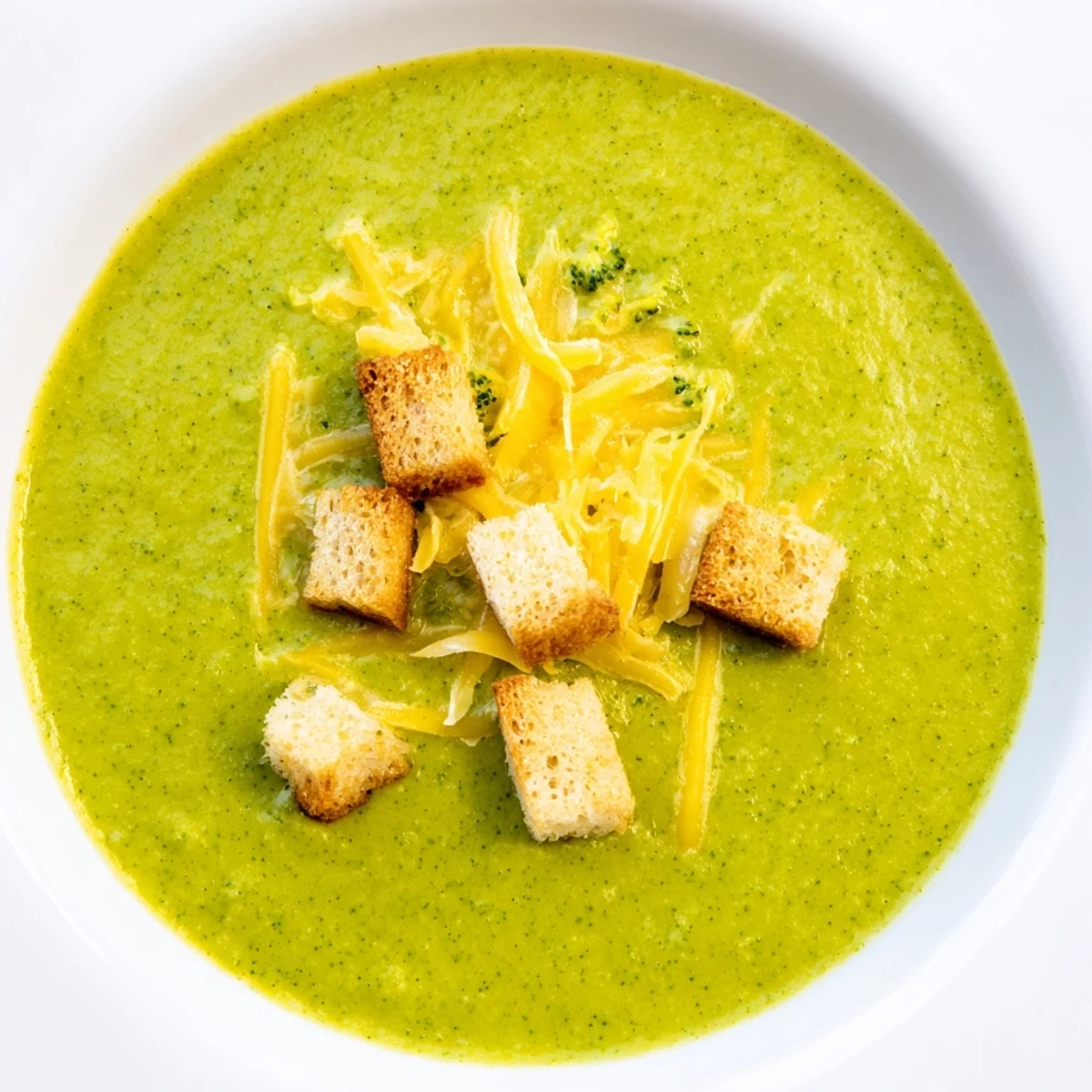Une soupe verte crémeuse au brocoli et au cheddar, garnie de croûtons dorés et savoureux.