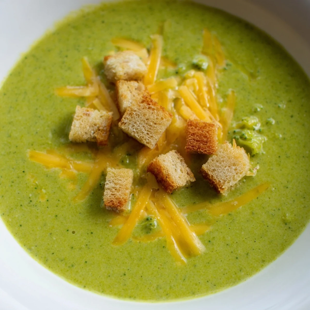 Soupe au brocoli et cheddar lisse et réconfortante, parsemée de croûtons maison et de copeaux de fromage.