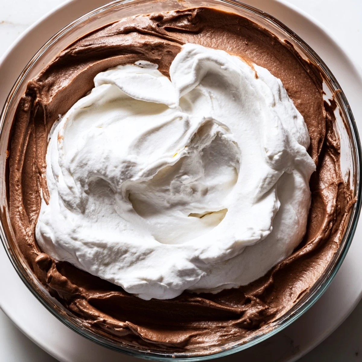 Préparation de la mousse au chocolat, servie en verrine avec une pointe de crème fouettée et un fondant chocolaté.