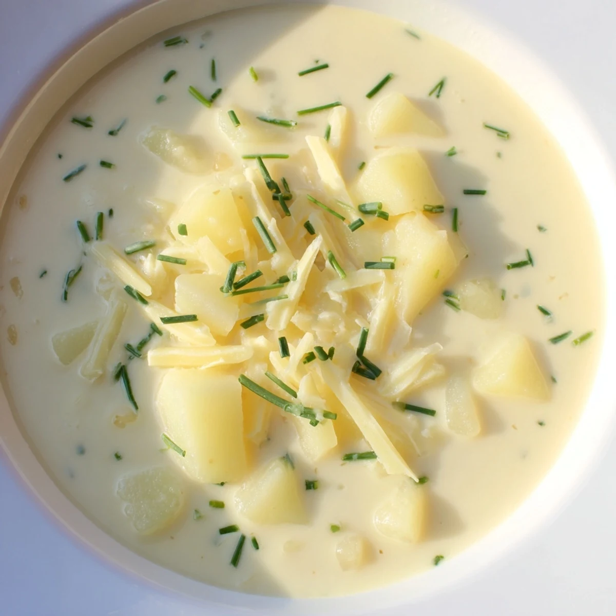 Un bol fumant de soupe épaisse aux pommes de terre et cheddar irlandais, garni de ciboulette fraîche et de fromage supplémentaire.