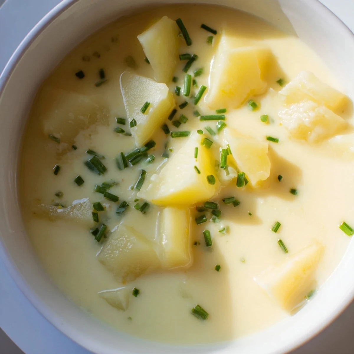 Cette soupe onctueuse aux pommes de terre et cheddar irlandais est servie dans un bol rustique avec un quignon de pain croustillant.