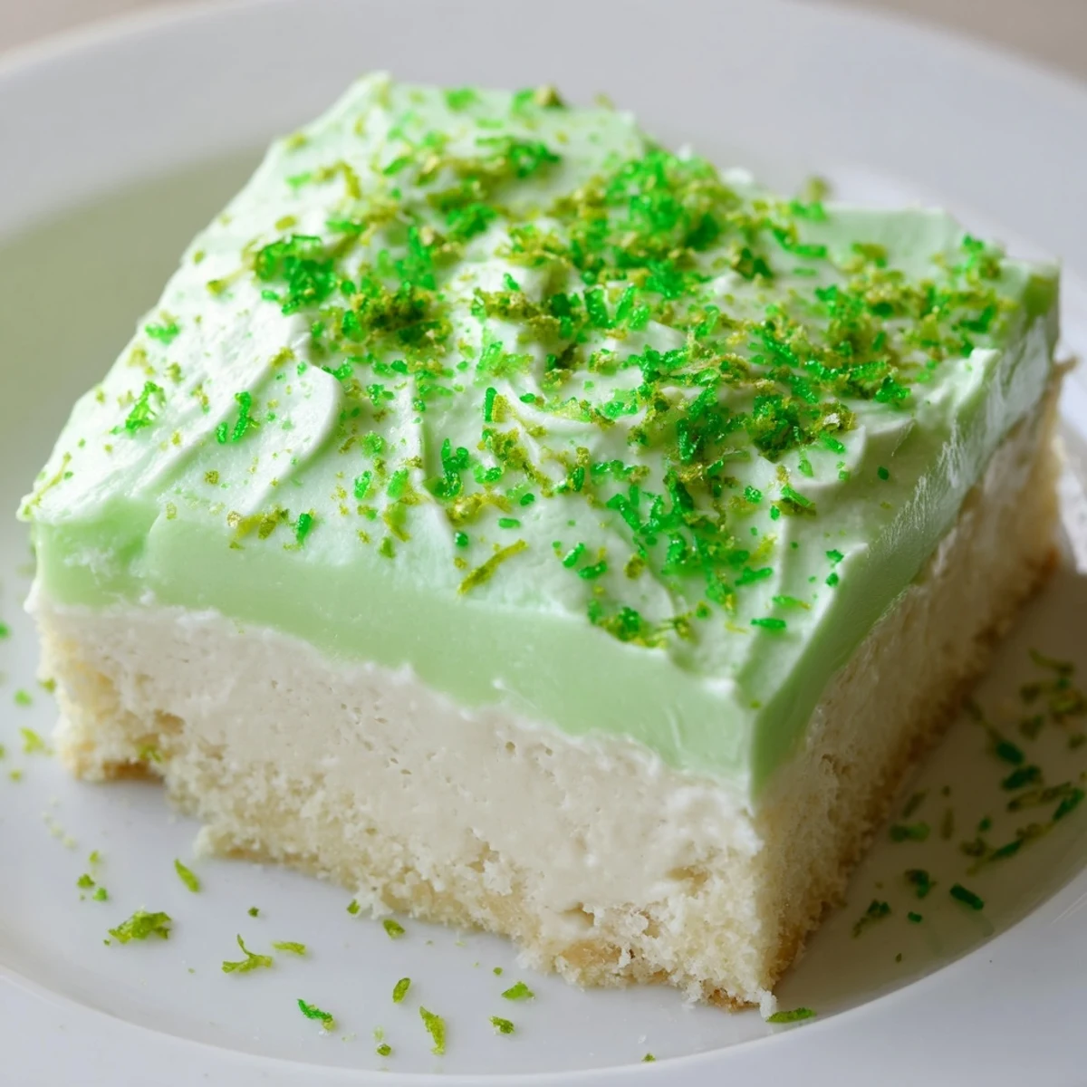 Une vue en coupe du St. Patricks Day Lime Poke Cake, révélant des pores absorbant un sirop de gelée citron vert et une garniture crémeuse.