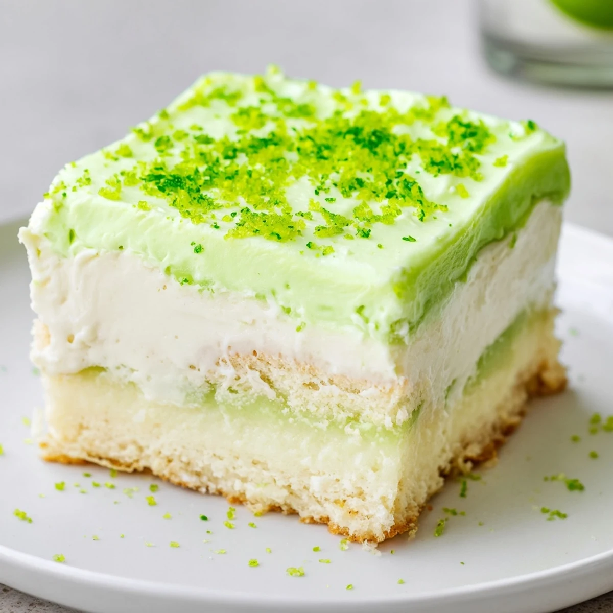 Une tranche de St. Patricks Day Lime Poke Cake verte et vibrante, avec une crème fouettée et des copeaux verts, sur une assiette blanche.