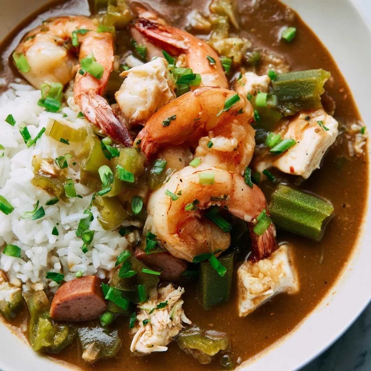 Creole Seafood Gumbo with Okra, simmering in a rich, dark roux broth with fresh okra, shrimp, and crabmeat.