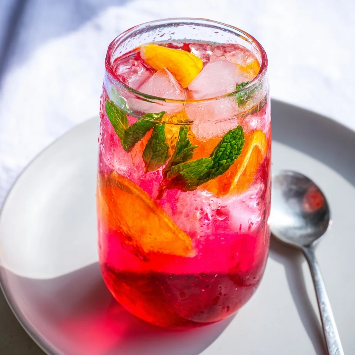 Une pitcher de thé glacé à l'hibiscus rose, infusé avec des tranches d'agrumes et du miel.