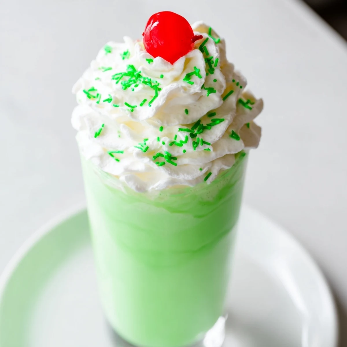 Un Shamrock Mint Milkshake crémeux et vert, surmonté d'une cerise et de crème fouettée.