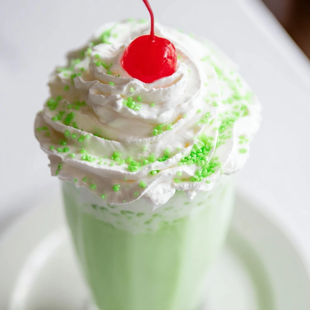 Un milkshake à la menthe vert vif, servi dans un verre givré avec une cerise.