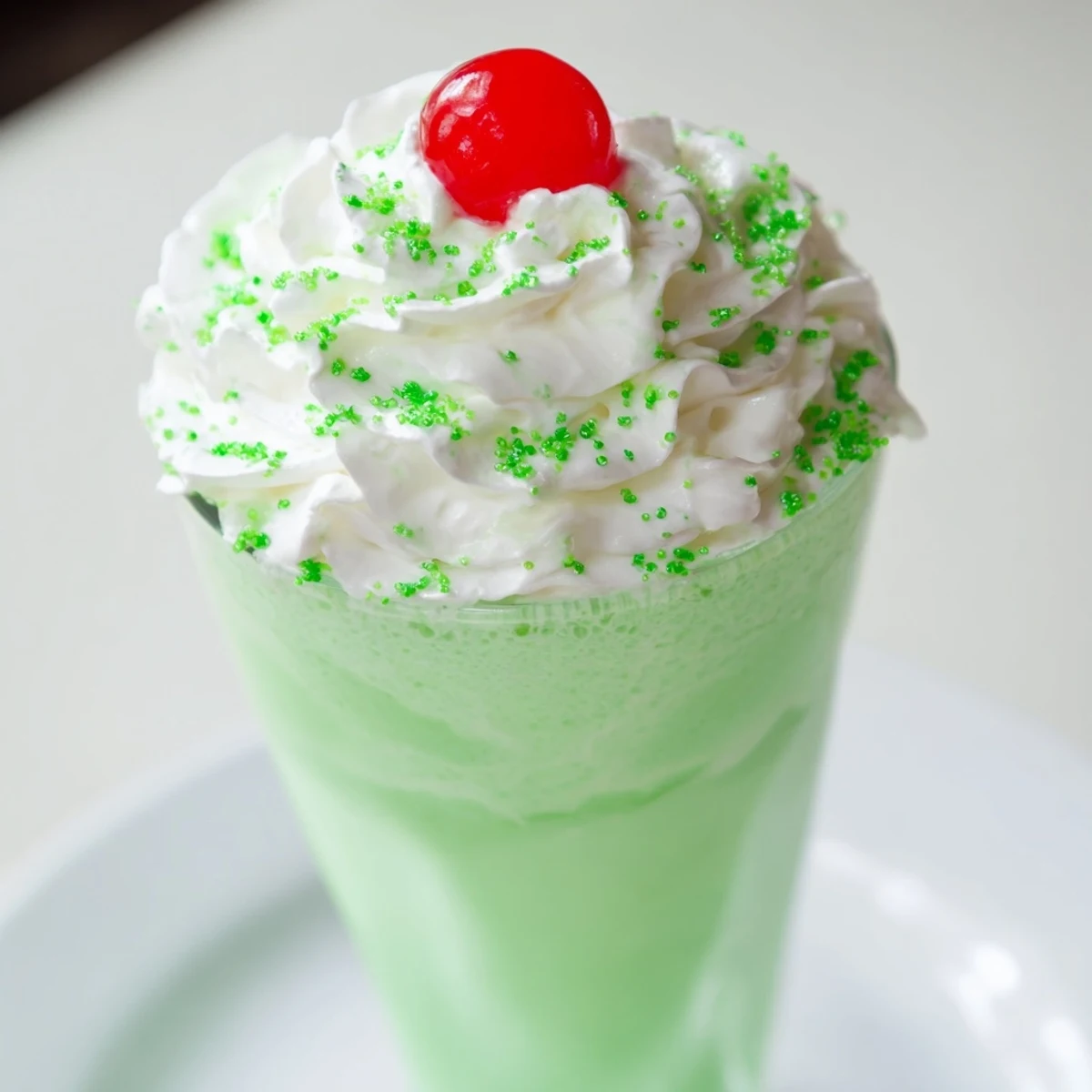 Boisson Shamrock Mint Milkshake onctueuse, garnie de crème fouettée et de cristaux de sucre verts.