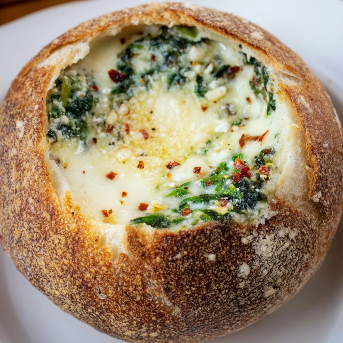 Creamy, cheesy Super Bowl Spinach Dip bubbling in a hollowed sourdough bread bowl, served warm for game day.