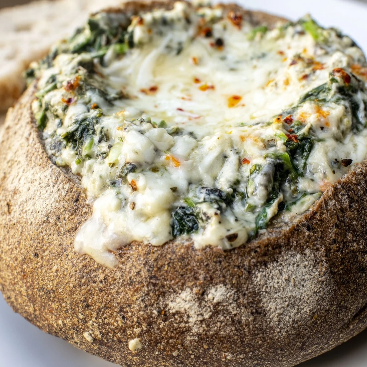 Golden Super Bowl Spinach Dip in a crusty bread bowl, garnished with red pepper flakes for a crowd-pleasing appetizer.
