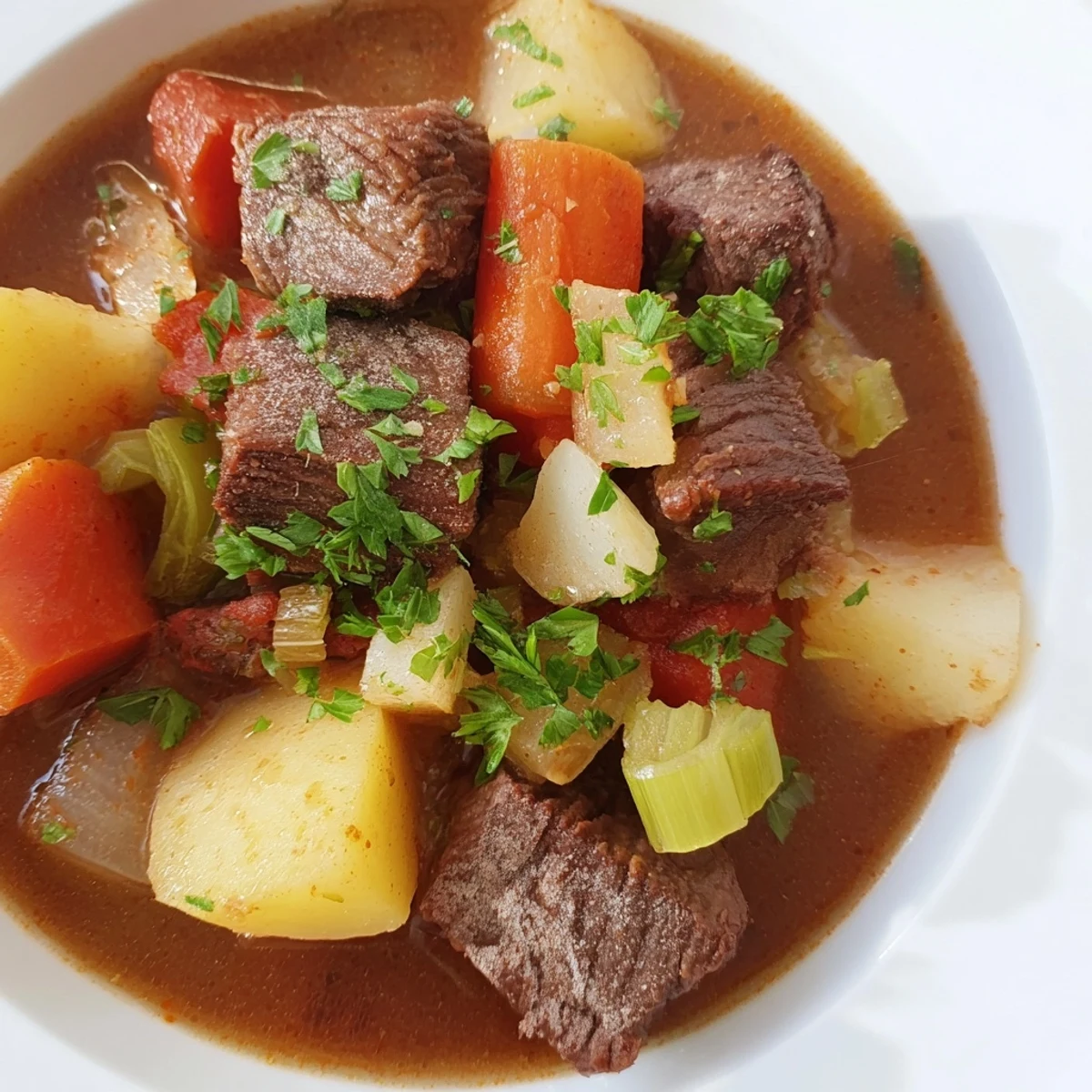 Bol fumant de St. Patrick's Day Irish Beef Stew, avec légumes-racines et persil frais