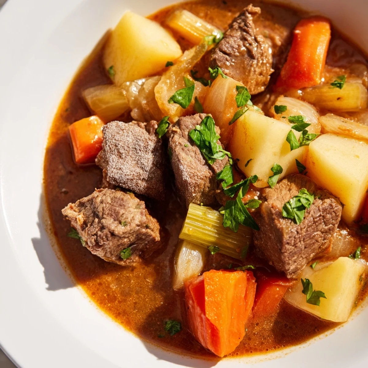 Assiette généreuse de St. Patrick's Day Irish Beef Stew accompagnée de pain croustillant