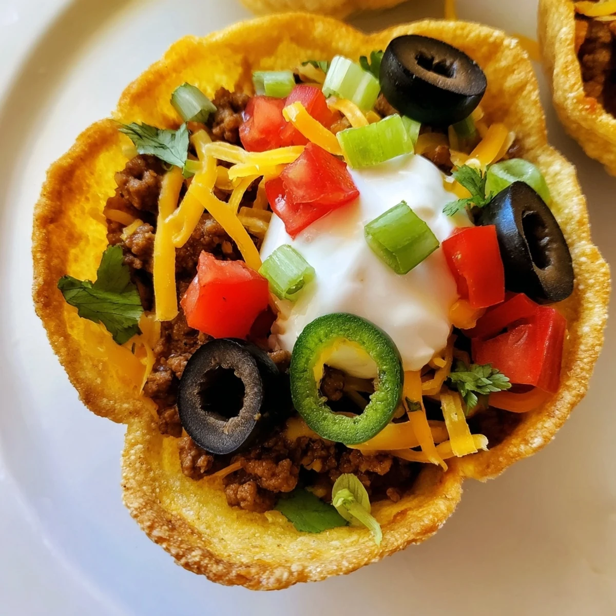 Touchdown Taco Cups with Ground Beef, filled with seasoned beef and cheese, garnished with sour cream and fresh cilantro.
