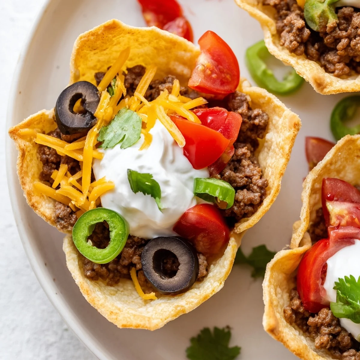 Freshly baked Touchdown Taco Cups with Ground Beef, golden tortilla edges, topped with tomatoes and green onions for game day.