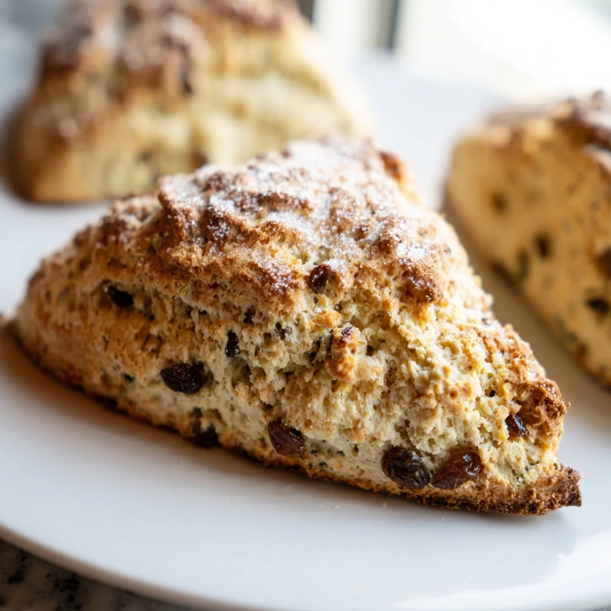 Warm, golden Irish Soda Bread Scones with raisins on a baking sheet.