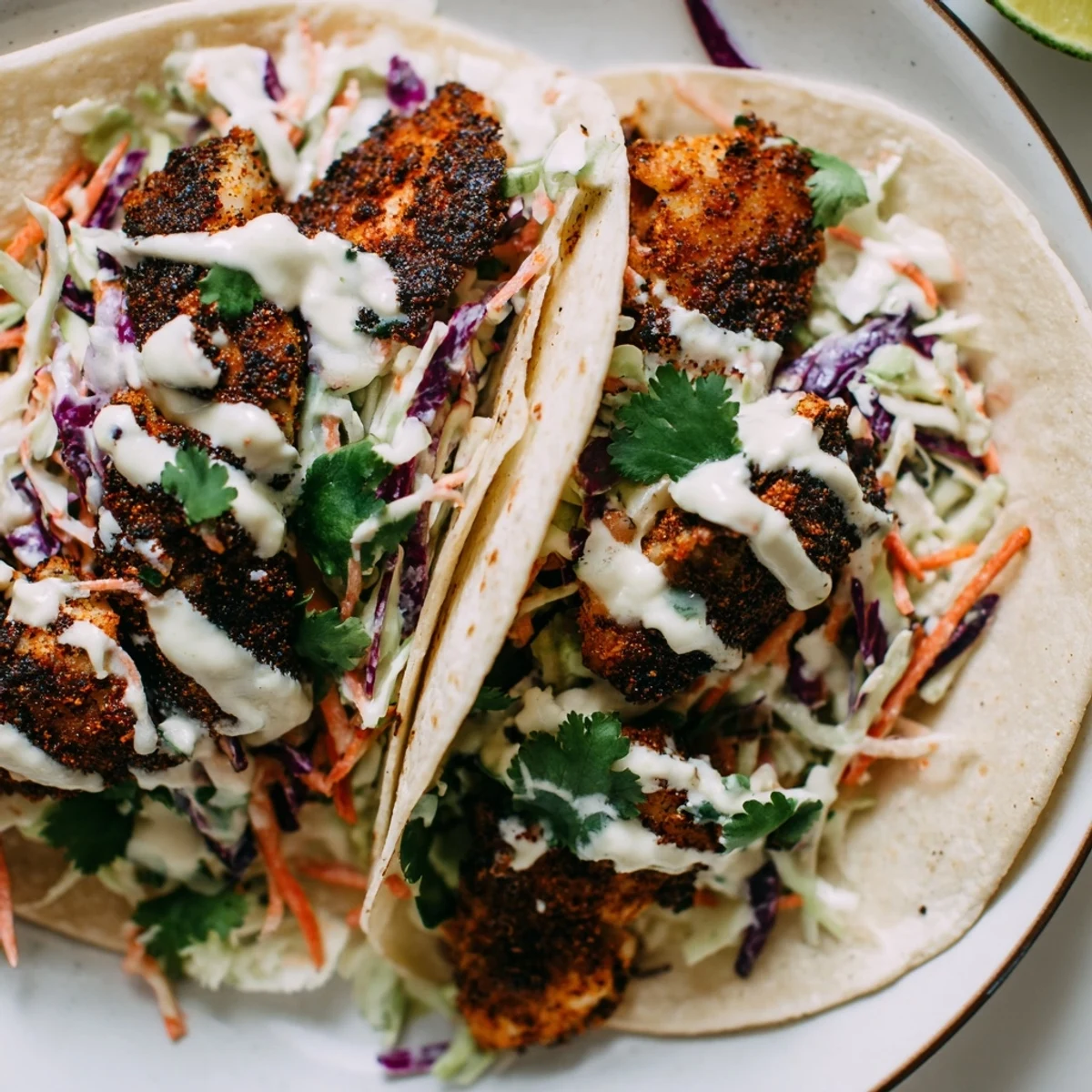 Soft tortillas filled with blackened fish, tangy slaw and zesty crema for Louisiana Blackened Fish Tacos.