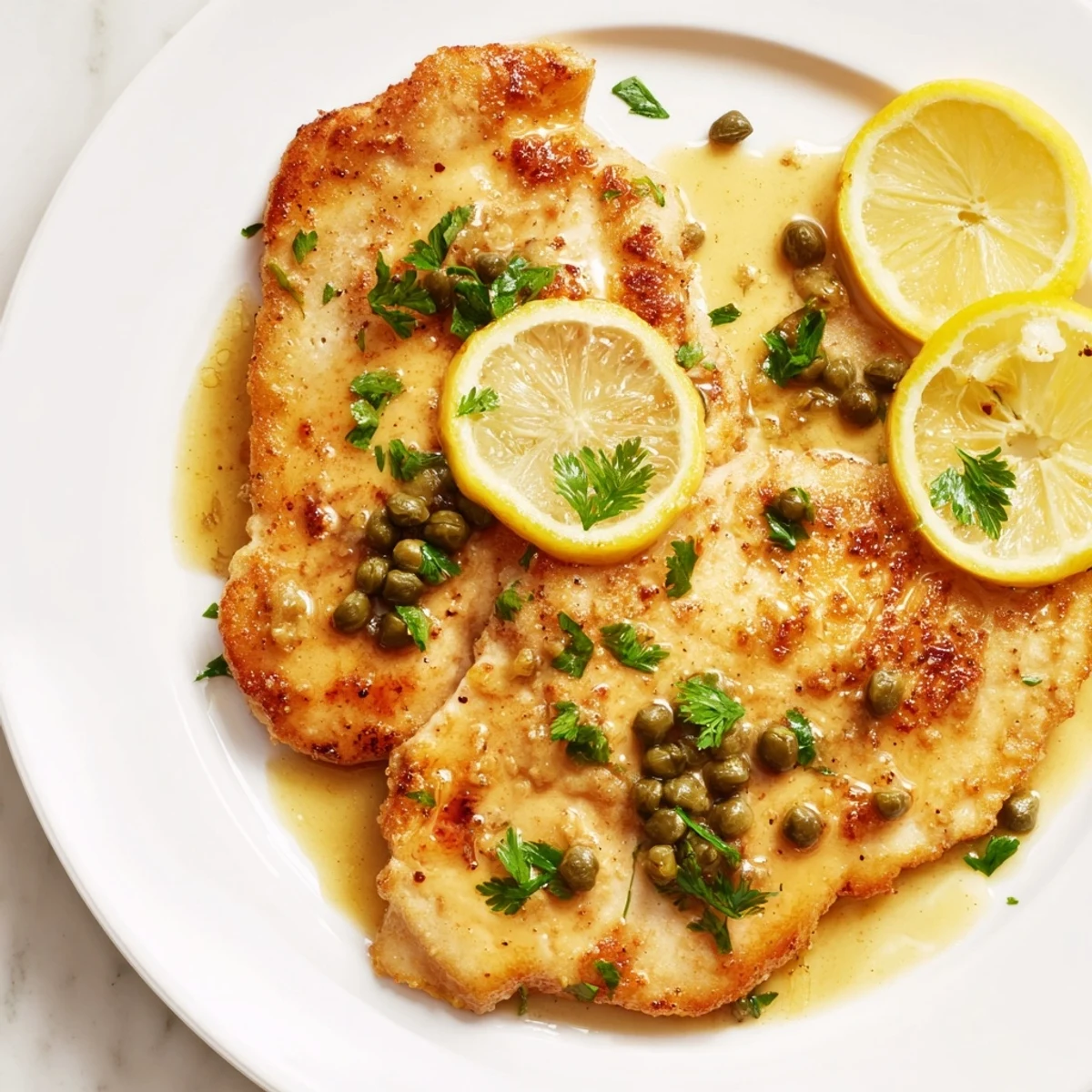 Tender sliced Date Night Chicken Piccata plated with parsley, lemon, and angel hair pasta.