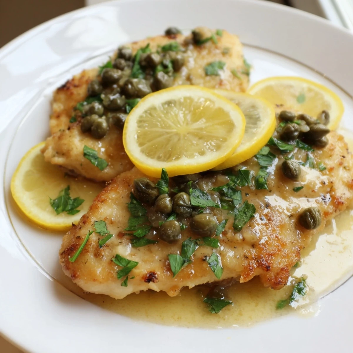 Golden-brown chicken piccata sizzling in a lemon-butter caper sauce for Date Night Chicken Piccata.