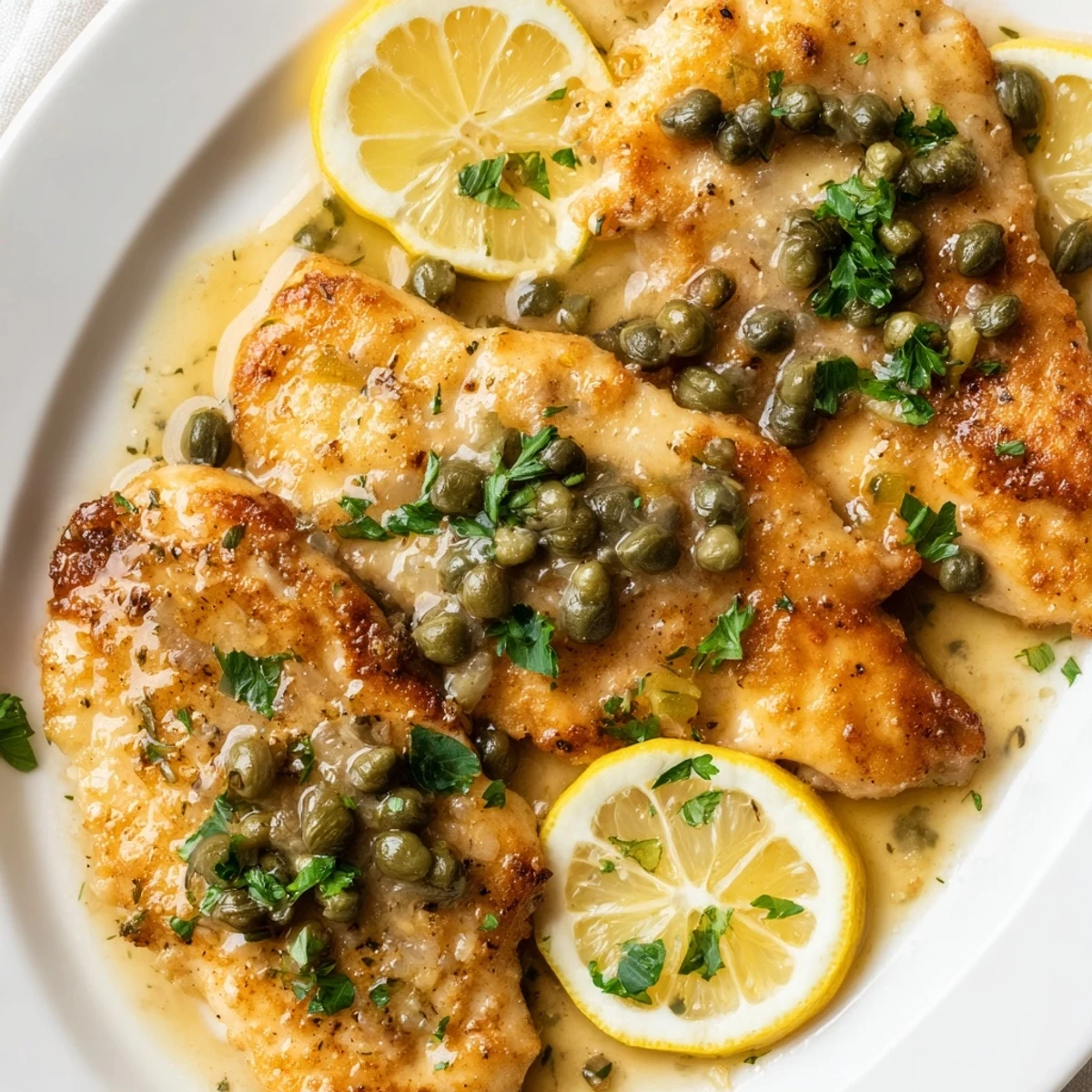 Restaurant-style Date Night Chicken Piccata garnished with fresh parsley and briny capers, ready to serve.