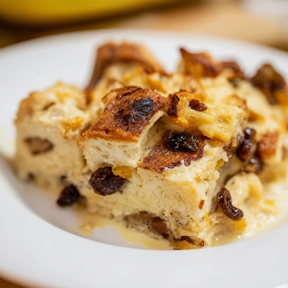 Gros plan sur un pain perdu doré aux raisins, servi tiède avec une saupoudre de sucre glace.
