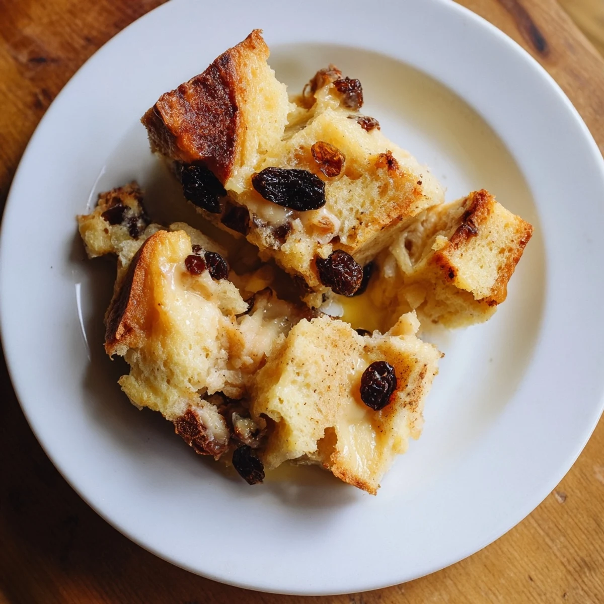 Dessert réconfortant de pain perdu aux raisins, banché en croûte dorée sur un fond de cacao.