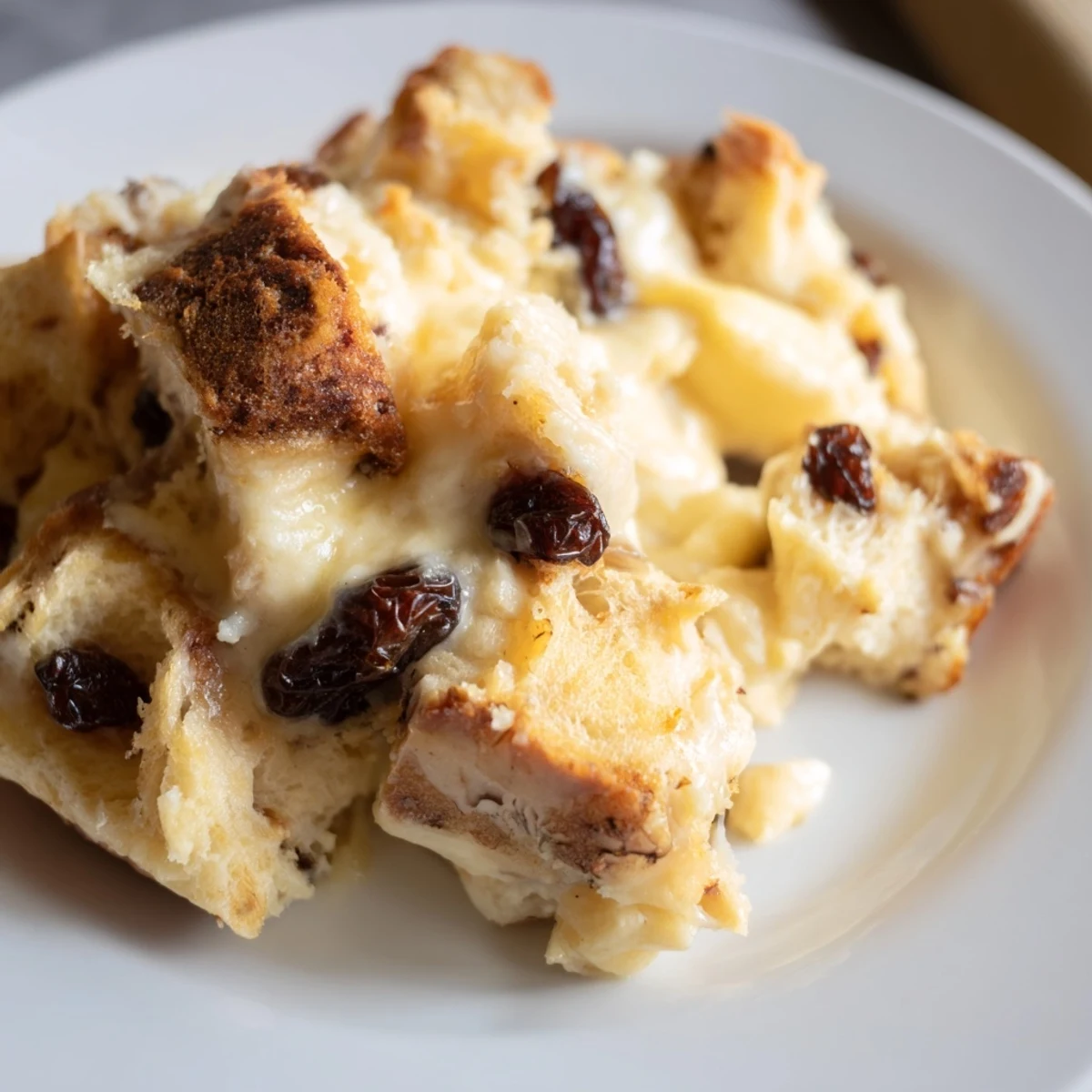 Savoureuse part de pain perdu aux raisins, nappée d’une sauce vanille crémeuse et fumante.